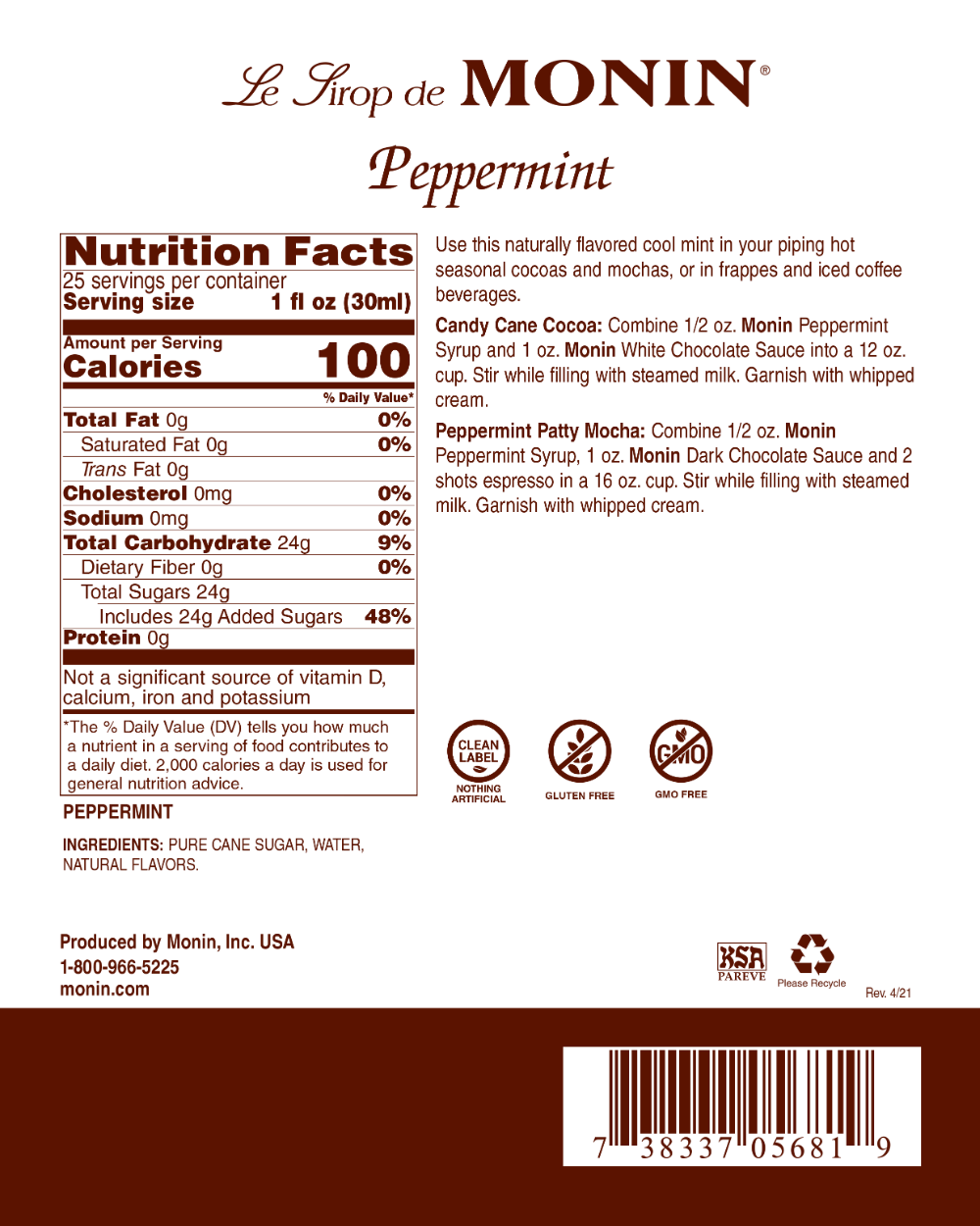 Peppermint - Monin 750ml Syrup
