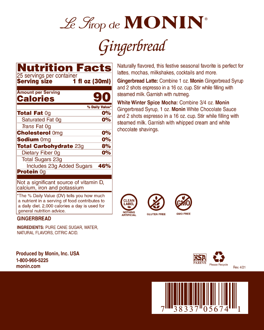 Gingerbread - Monin 750ml Syrup
