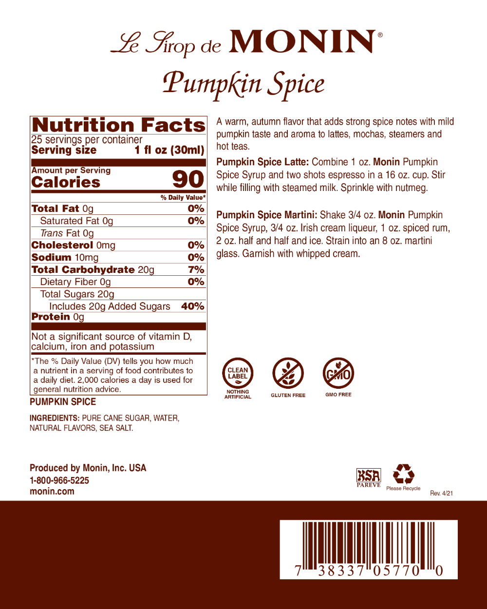 Pumpkin Spice - Monin 750ml Syrup