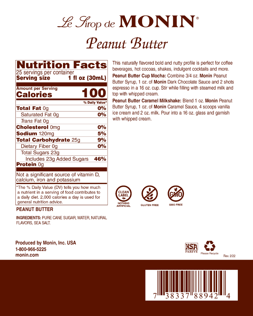 Peanut Butter - Monin 750ml Syrup